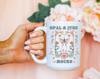 15 Oz Mug Mockup: Colorful Photo of Model Holding 15 Oz Coffee Mug in Front of Tulle with Flowers, Cute Bridal or Bachelorette Mockup of Mug