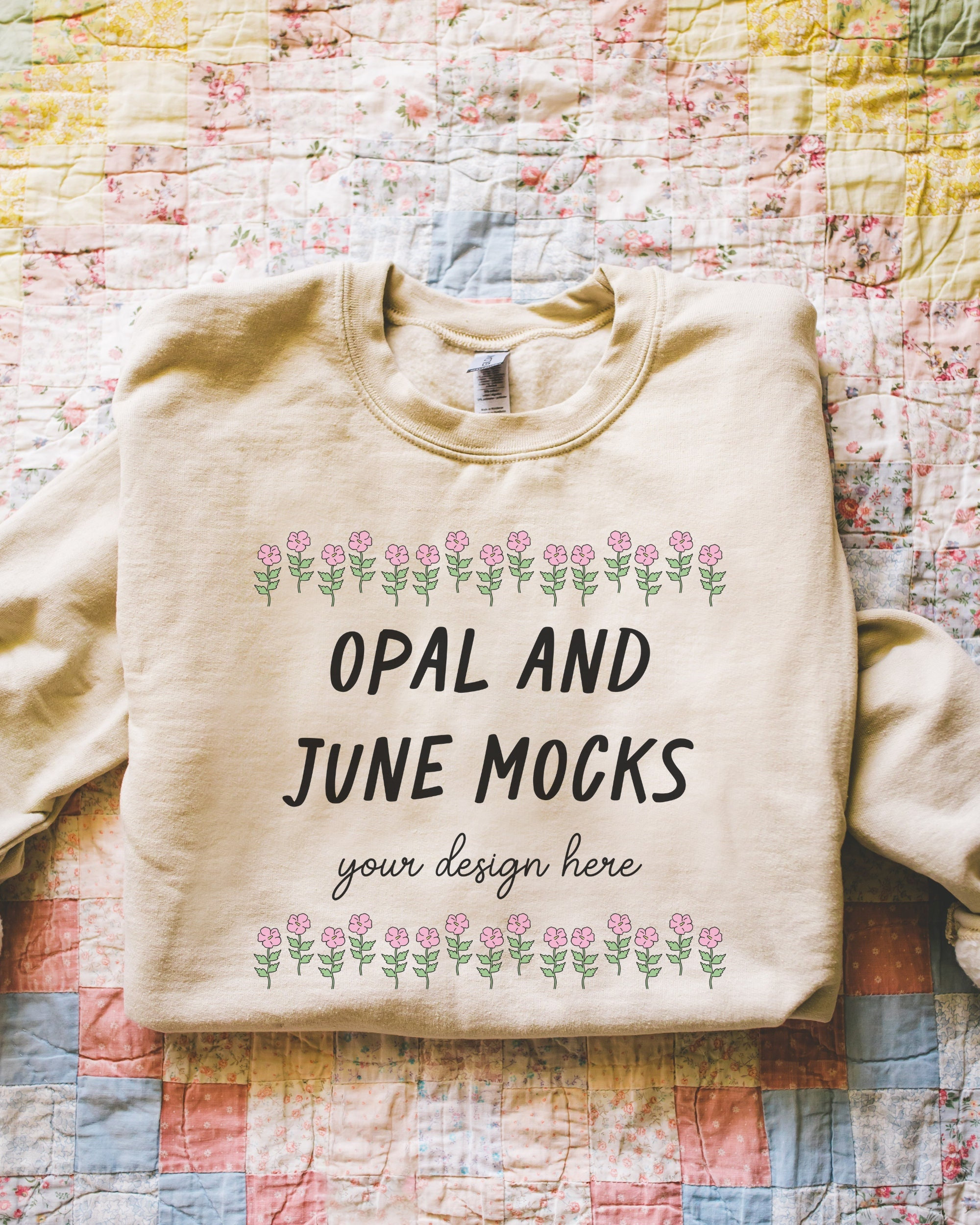 Sand Sweatshirt Mockup: Photograph of Folded Sand Gildan 18000 Crewneck on Quilt | Cute Boho Cottagecore Style Flatlay of Beige Sweatshirt