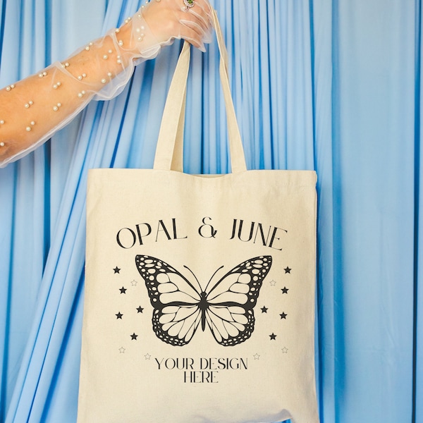 Tragetasche Mockup für den Sommer: Farbenfrohes Foto einer Tragetasche, gemütlicher Cottagecore Lifestyle Mockup von Tote, süßes Bachelorette Mockup