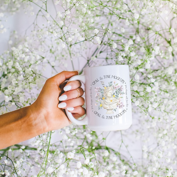 Mug Mockup: 15 Oz Coffee Mug Mockup with White Flowers | Spring Photograph of Large Coffee Mug Held by Model, Floral Aesthetic Mockup of Mug