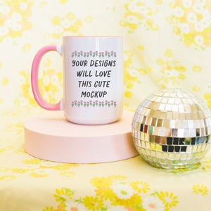 15 Oz Mug Mockup of Coffee Mug with Pink Handle and Interior | Styled Photo of 15 Oz Mug with Disco Vibes, Colorful Spring Mock of White Mug