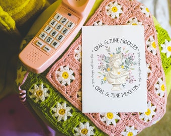 5x7 Card Mockup: Styled Mockup Photo of 5x7 Card for Designers | Mockup for Wedding Invitation or Birthday Party Invite, Retro Groovy Vibe