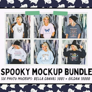 Spooky Halloween Mock Bundle for Halloween of Bella Canvas 3001 Tee Shirts and Gildan 18000 Sweatshirts: Spooky and Groovy Fall Mockup Pack