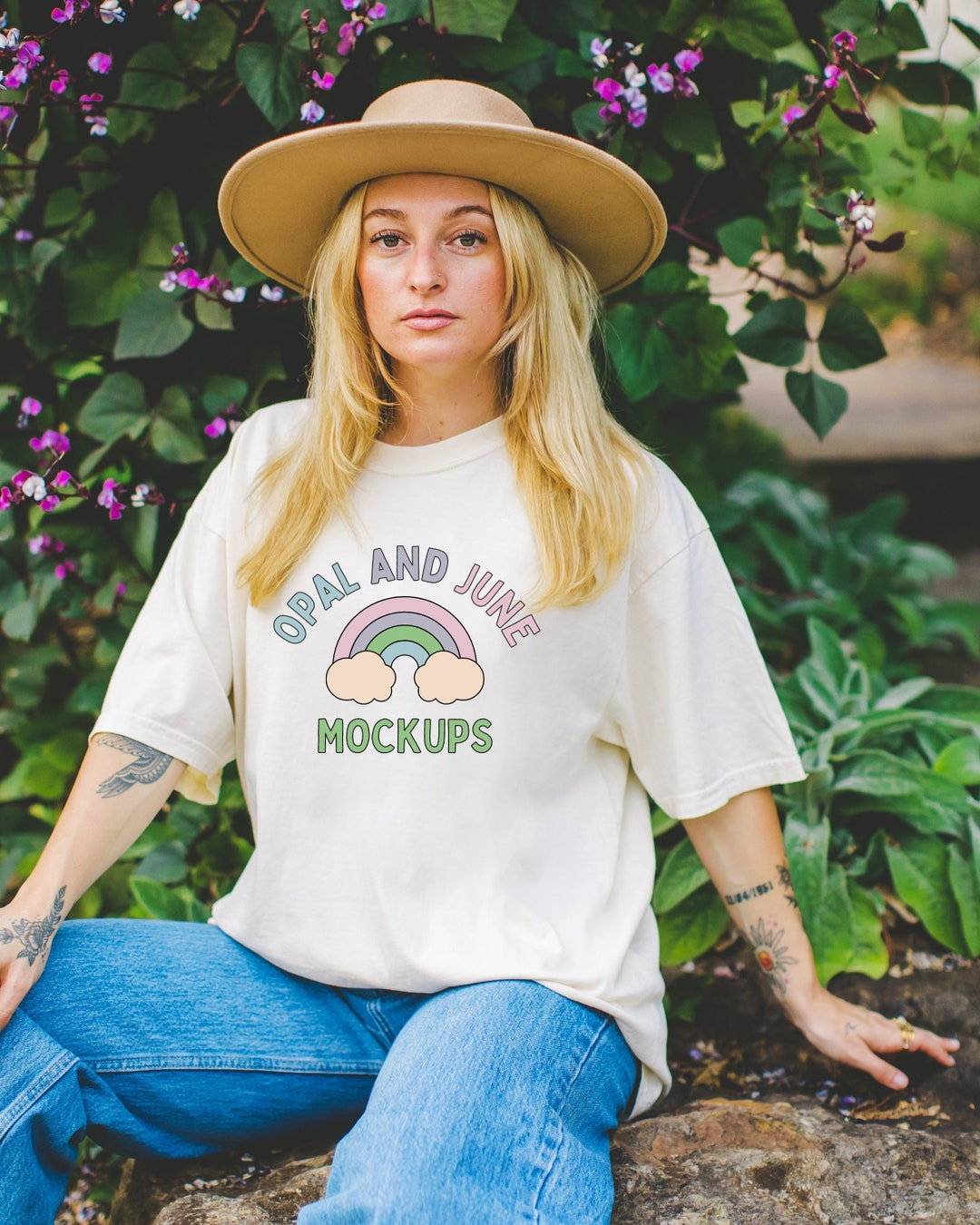 Ivory Oversized Tee Shirt Mockup Photograph of Model Wearing Comfort