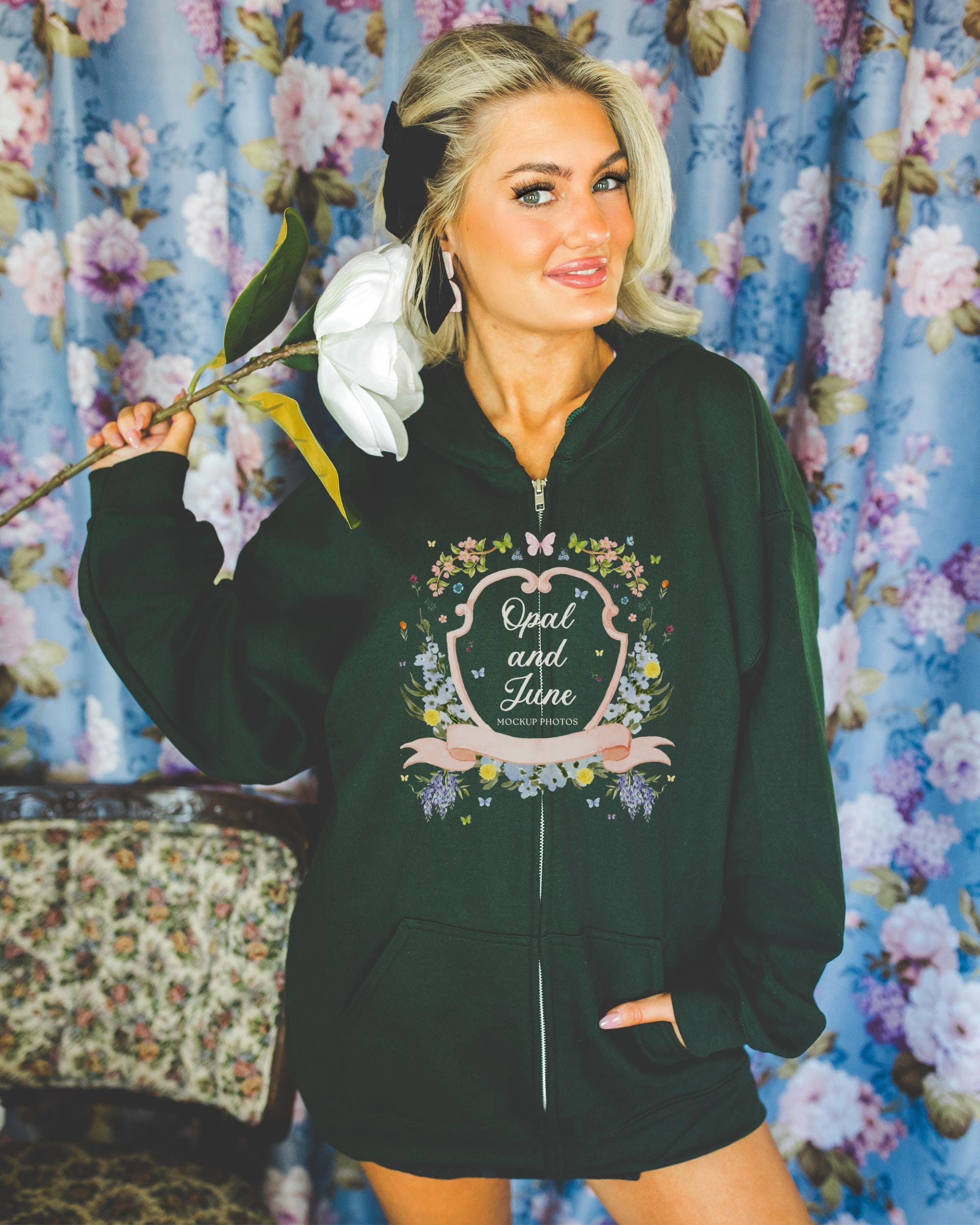 Forest Green Zip Hoodie Mockup: Colorful Photo of Model Wearing