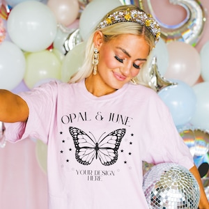 Blossom Shirt Mock for Halloween: Colorful Photo of Model Wearing Blossom Comfort Colors® 1717 Tee | Cute Mockup for Fall or Spooky Season