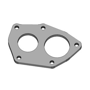 May include: A gray metal adapter plate with two round openings and five bolt holes.