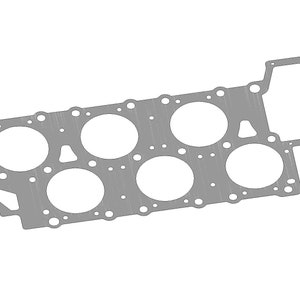 May include: A grey metal gasket with six circular openings and a rectangular opening. The gasket is designed for use in an engine.