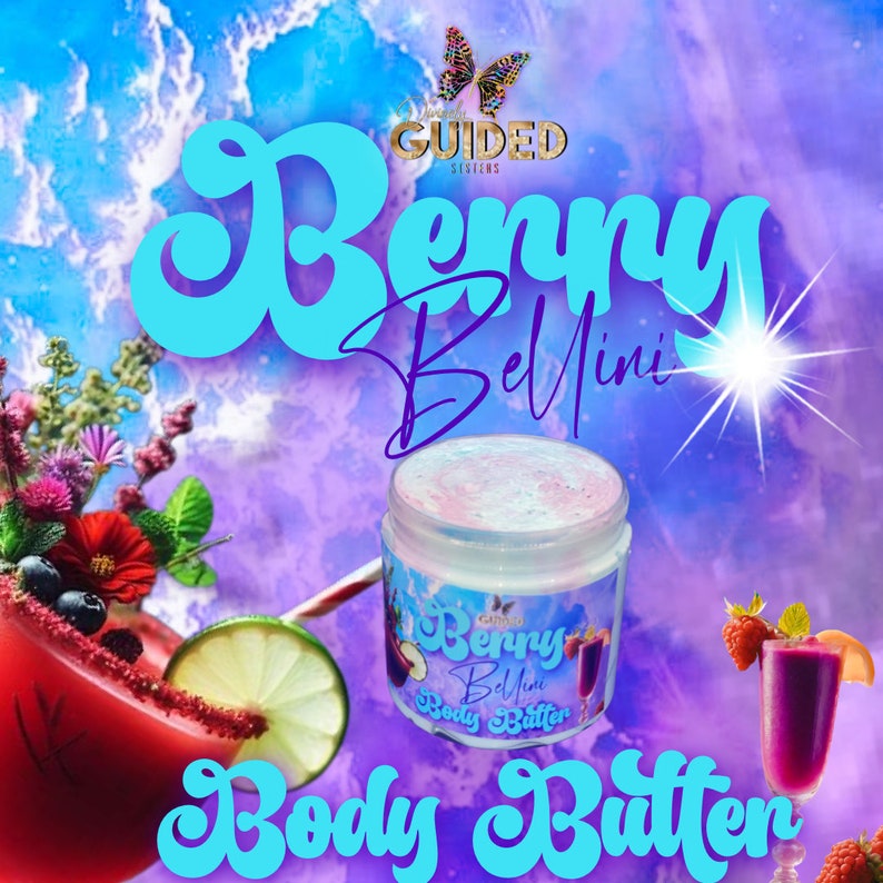 May include: A jar of Berry Bellini body butter with a pink and blue swirl. The jar is labeled "Berry Bellini Body Butter" and has a butterfly logo. The background is a purple and blue gradient with a starburst effect.