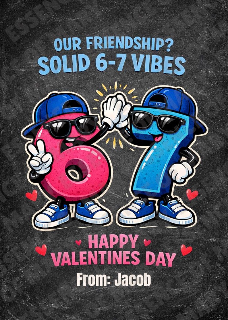 May include: A Valentine's Day graphic featuring the numbers 6 and 7 as cartoon characters wearing sunglasses and baseball caps, high-fiving. The text reads "OUR FRIENDSHIP? SOLID 6-7 VIBES" and "HAPPY VALENTINES DAY".