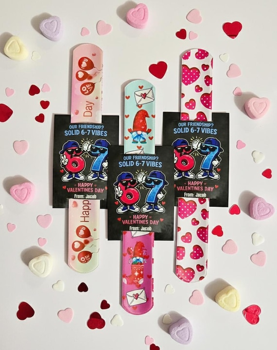 Six Seven (67) Valentine’s Day Slap/Snap Bracelet w/Personalized Card | Valentine's Day Party Favor | Classroom Valentines | Vday Exchange