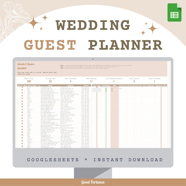 Wedding Guest list Spreadsheet Wedding seating plan Guest addresses Google sheets Wedding planning digital template Google Wedding planner