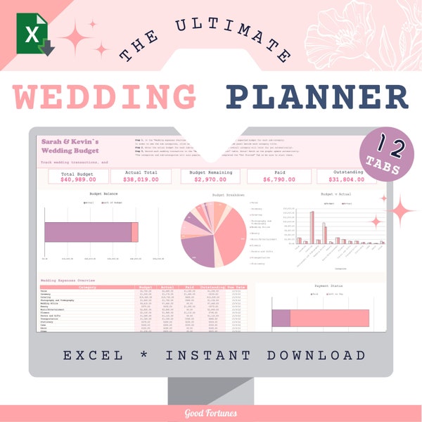 Excel Wedding Planner Spreadsheet Digital Wedding Budget Wedding guestlist tracker Wedding invitation tracking Wedding Seating plan planner