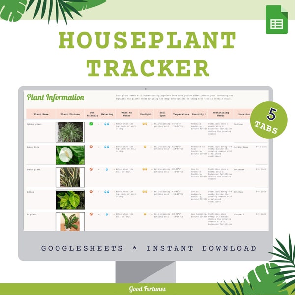 Feuille de calcul d'entretien des plantes d'intérieur Feuilles Google de suivi de l'entretien des plantes d'intérieur Journal de plantation numérique Calendrier d'arrosage des plantes