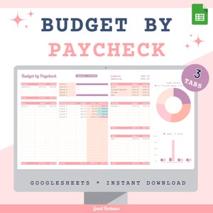 May include: A pink and purple Google Sheets spreadsheet template for budgeting by paycheck. The spreadsheet includes sections for income, bills, variable expenses, savings, debt, and a pie chart. The text "BUDGET BY PAYCHECK" is at the top of the spreadsheet. The text "GOOGLESHEETS * INSTANT DOWNLOAD" is at the bottom of the spreadsheet. The text "3 TABS" is in the upper right corner of the spreadsheet.