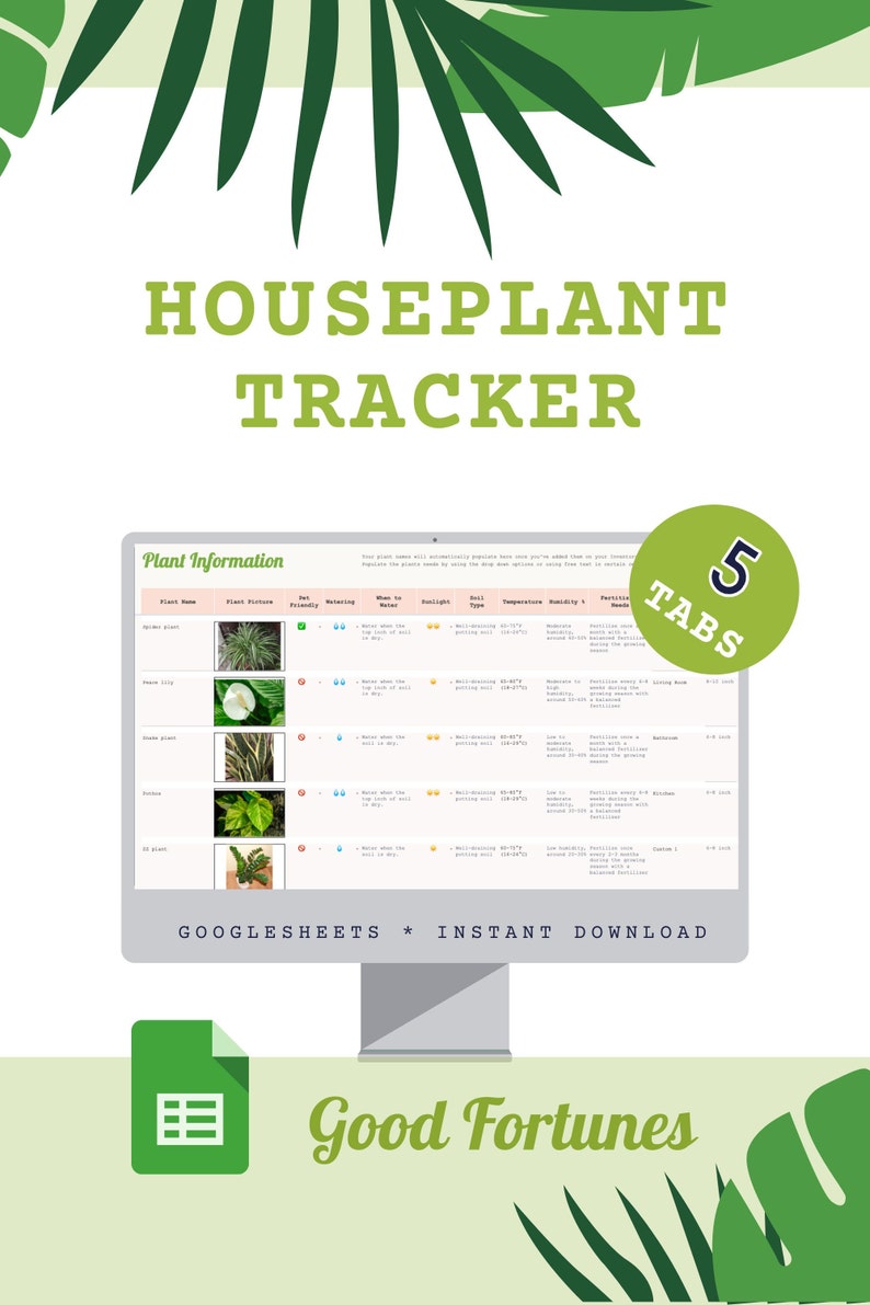 May include: A computer screen displaying a Google Sheets spreadsheet titled "Houseplant Tracker" with five tabs. The spreadsheet includes a list of houseplants with information about their care, including watering, sunlight, temperature, and humidity. The image also includes a green Google Sheets logo and the text "Good Fortunes".