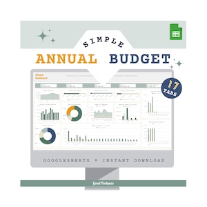 May include: A computer monitor displays a "Simple Annual Budget" spreadsheet template. The screen shows various charts and graphs, with the text "Google Sheets" and "Instant Download" below. The design includes a green Google Sheets icon and the words "17 Tabs".