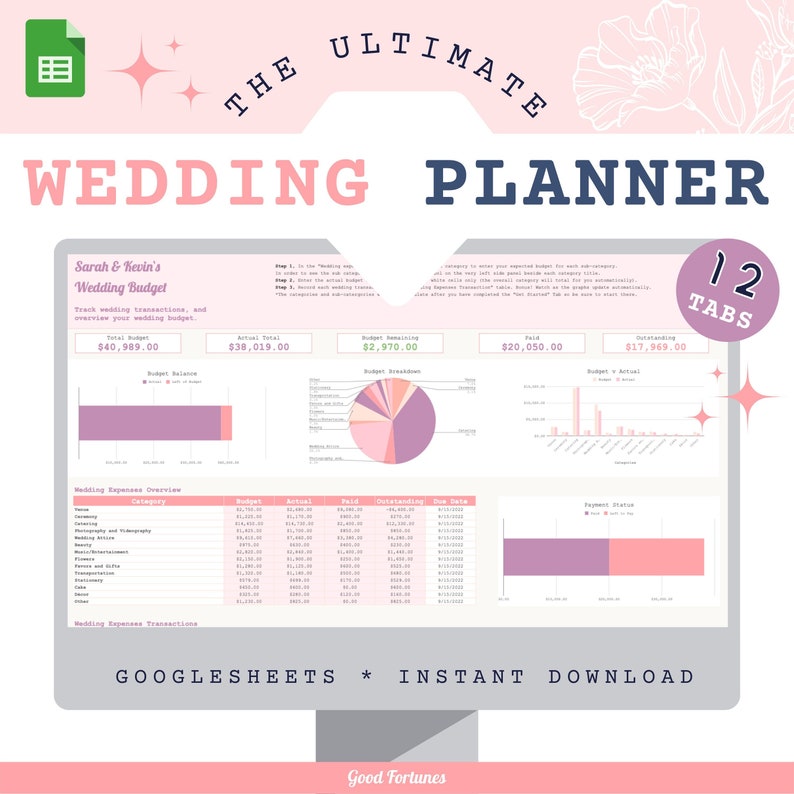 May include: A pink and white wedding planner template with the title "The Ultimate Wedding Planner" and the text "Sarah & Kevin's Wedding Budget". The template includes a budget breakdown, a pie chart, and a bar graph. The template is designed to help couples track their wedding expenses and stay on budget.