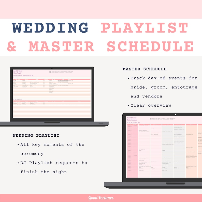 Ultimate wedding planner spreadsheet. Google sheet template. Wedding budget, guest list, seating plan, schedule, music playlist, bridal parties, todo, venue, vendor, and calendar. Image 7