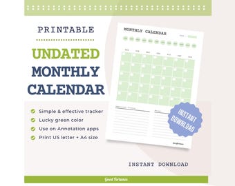 Grüner undatierter Monatskalender zum Ausdrucken, A4, US Letter (PDF-Download)