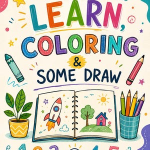 May include: A colorful illustration with the text "LEARN COLORING & SOME DRAW". The image features a notebook with drawings of a rocket and a house, along with pencils, crayons, a potted plant, and numbers.