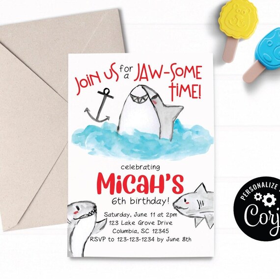 Shark Birthday Invitation Printable Invite Kids Party Theme - Etsy
