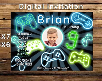May include: Digital invitation for Brian's 9th birthday. The invitation features a photo of a smiling child, surrounded by neon green and blue game controllers and the text "Brian is turning 9". Includes date, time, and RSVP information.