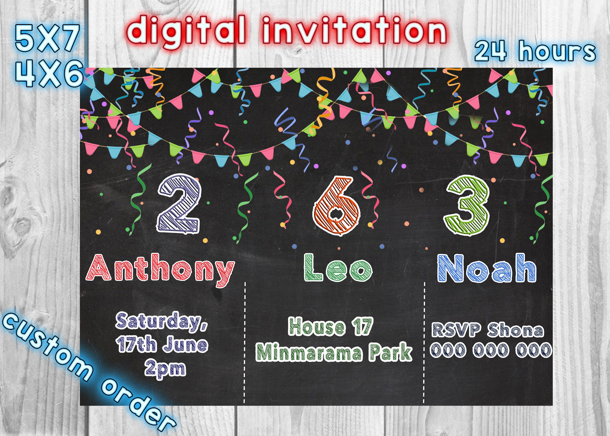 Triple Birthday Invitation, Sibling Birthday Invitation, Joint Invitation, Triple Themes Birthday, Personalized JPEG, Custom Invitation