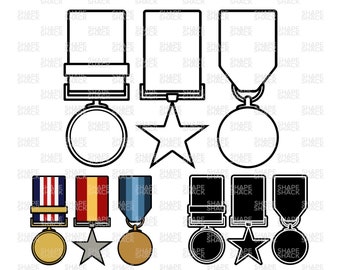 Military Medals | Army Navy Air Force Bravery Awards | Clipart  Symbol Silhouette Outline Line Drawing | png jpg svg xcf pdf dxf  for Cricut