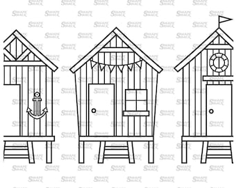 cute homework clipart black and white Beach Huts | Seaside | Clipart Symbol Silhouette Outline Line Drawing | png jpg svg xcf pdf dxf for Cricut