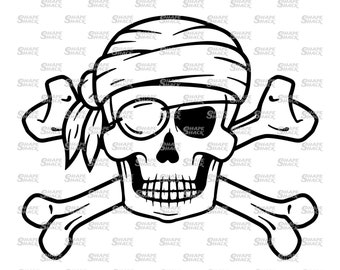 Skull & Crossbones with Eyepatch | Pirate Captain | Clipart  Symbol Silhouette Outline Line Drawing | png jpg svg xcf pdf dxf  for Cricut