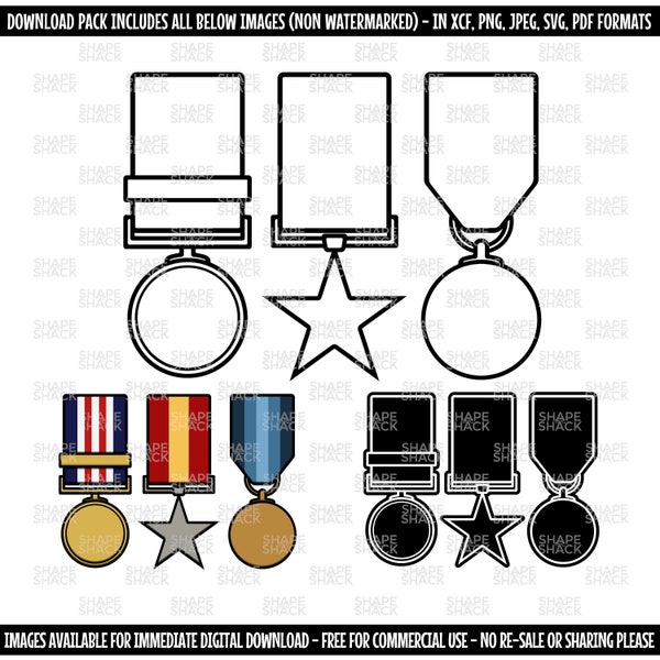 Military Medals | Army Navy Air Force Bravery Awards | Clipart  Symbol Silhouette Outline Line Drawing | png jpg svg xcf pdf dxf  for Cricut