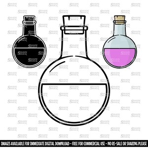 May include: Three glass bottles with cork stoppers. The bottles are round and have a narrow neck. The first bottle is filled with black liquid, the second bottle is empty, and the third bottle is filled with pink liquid.
