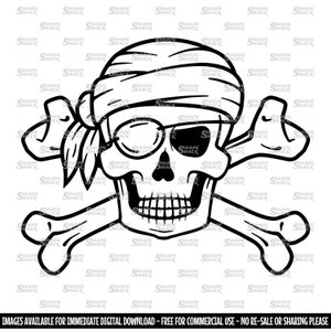 Skull & Crossbones with Eyepatch | Pirate Captain | Clipart  Symbol Silhouette Outline Line Drawing | png jpg svg xcf pdf dxf  for Cricut