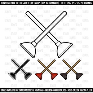 May include: A set of four black and white illustrations of crossed plungers. The first illustration is a line drawing of two plungers with black handles and white rubber cups. The second illustration is a black and white illustration of two plungers with black handles and black rubber cups. The third illustration is a black and white illustration of two plungers with red handles and red rubber cups. The fourth illustration is a black and white illustration of two plungers with brown handles and black rubber cups.