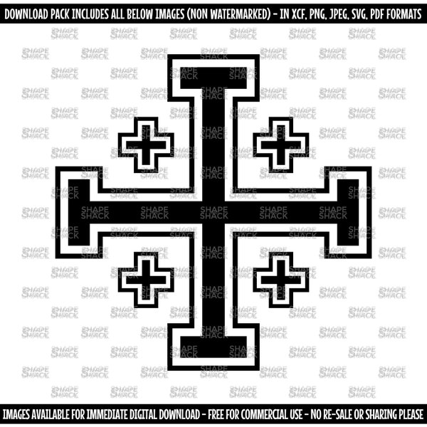 Jerusalem Cross | Crusader Christian Historical Five Fold Cross | Clipart Silhouette Outline | png jpg svg xcf pdf dxf Cut File for Cricut