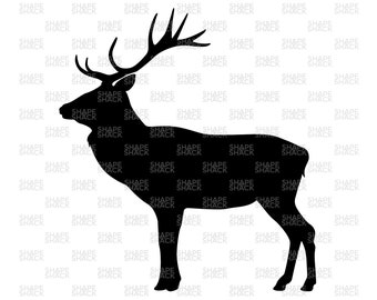 Brown Deer Silhouette | Adult Buck Profile Antlers | Clipart Symbol Silhouette Outline Line Drawing | png jpg svg xcf pdf dxf for Cricut