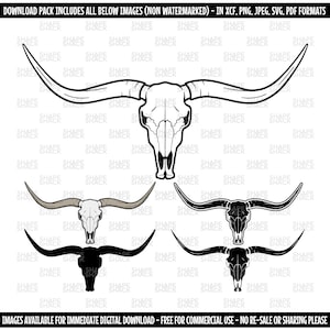 Longhorn Skull | Cow Head Bull Cattle Skeleton Horns | Clipart Symbol Silhouette Outline Line Drawing | png jpg svg xcf pdf dxf for Cricut