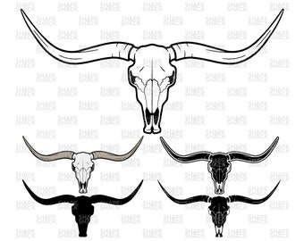 Longhorn Skull | Cow Head Bull Cattle Skeleton Horns | Clipart Symbol Silhouette Outline Line Drawing | png jpg svg xcf pdf dxf for Cricut