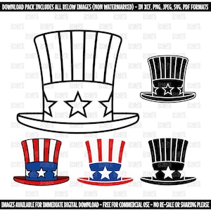 May include: A set of four digital clip art images of an Uncle Sam top hat. The first image is a black outline of the hat. The second image is a black and white version of the hat. The third image is a red, white, and blue version of the hat. The fourth image is a solid black version of the hat.