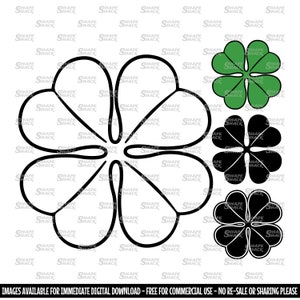 Trèfle à quatre feuilles | Porte-bonheur irlandais St Patricks Day Shamrock | Clipart symbole Silhouette contour | png jpg svg xcf pdf dxf pour Cricut