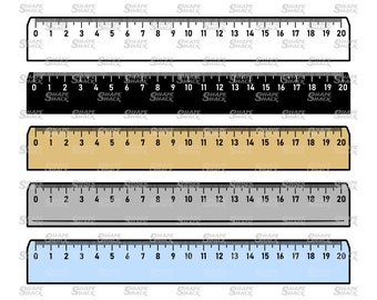 May include: Five rulers, each with black markings and numbers from 0 to 20. The rulers are in different colors: white, black, beige, gray, and light blue.
