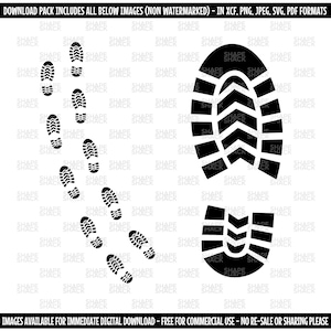 May include: A black and white illustration of a footprint and a shoe print. The shoe print is a full sole print, while the footprint is a series of individual footprints.
