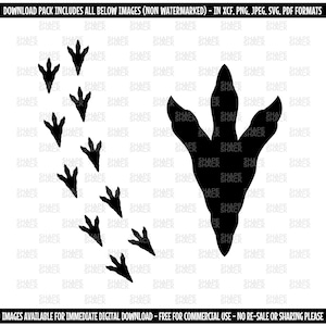 May include: A black silhouette of a dinosaur footprint with a trail of smaller footprints leading to it.