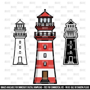 May include: Three illustrations of a lighthouse. The first is a black and white outline of a lighthouse. The second is a red and white striped lighthouse with a brown door. The third is a black silhouette of a lighthouse.