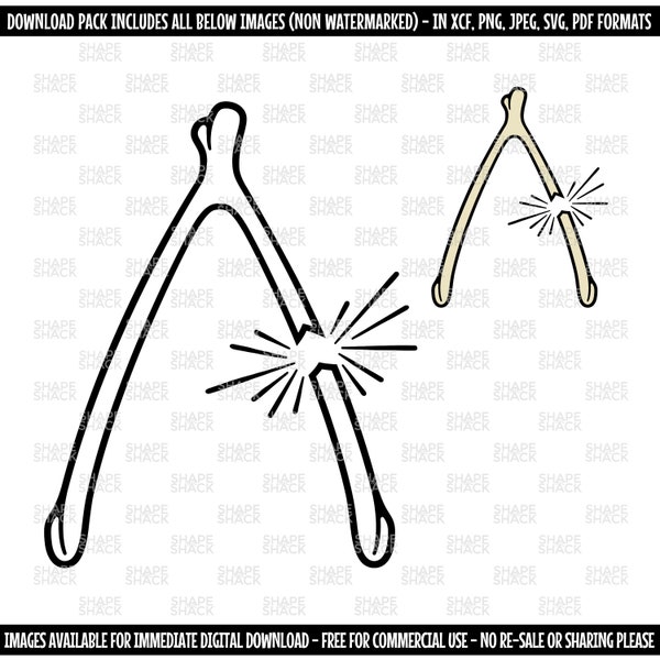 Lucky Broken Wishbone Chicken | Turkey Thanksgiving | Clipart Symbol Silhouette Outline Line Drawing | png jpg svg xcf pdf dxf for Cricut