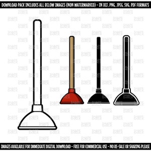May include: Four illustrations of a plunger, a common household tool used to unclog drains. The plungers are shown in different stages of completion, from a simple outline to a fully colored version with a red rubber cup and a wooden handle.