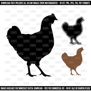 May include: Three silhouette images of a chicken. The first image is a black silhouette of a chicken facing left. The second image is a black silhouette of a chicken facing right. The third image is a brown silhouette of a chicken facing right.