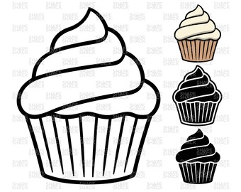 Cupcake | Cake Icing Frosting Dessert | Clipart Logo Symbol Silhouette Outline Line Drawing | png jpg svg xcf pdf dxf  Cut File for Cricut