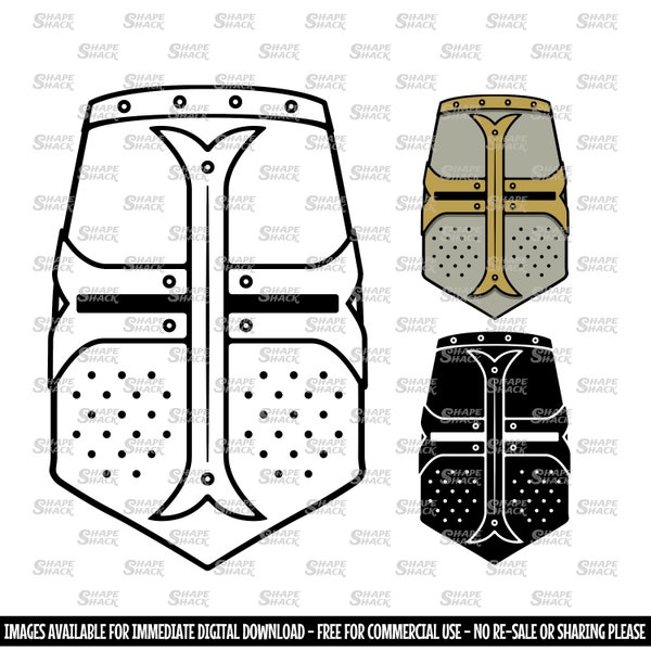 Casque de chevalier templier | Armure de guerrier croisé médiéval | Clipart symbole Silhouette contour | png jpg svg xcf pdf dxf fichier de coupe pour Cricut